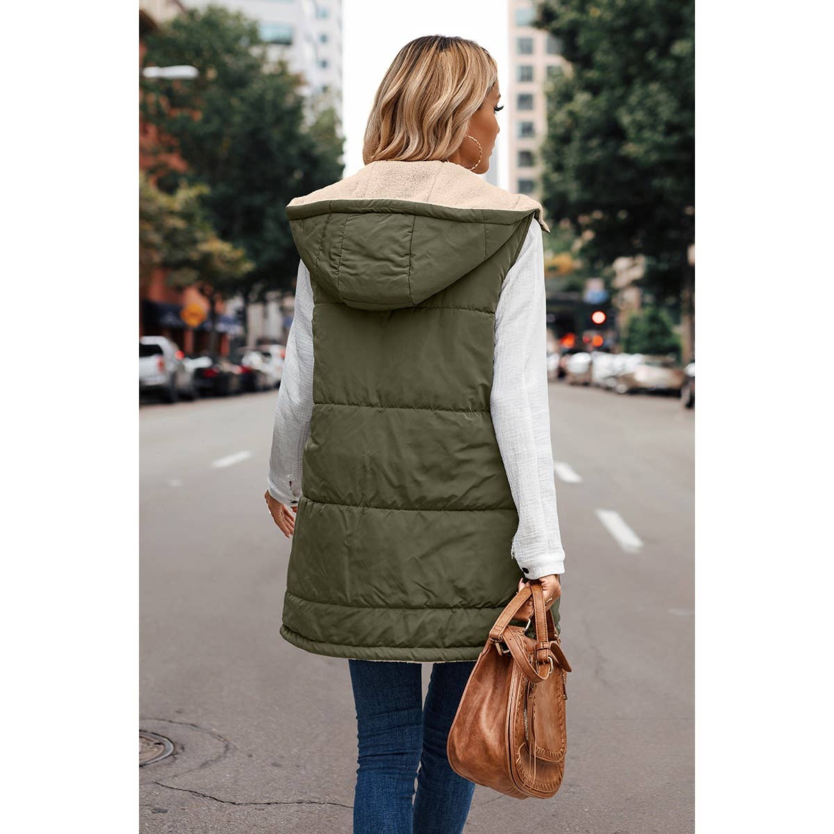 Olive Faux Fur Zipper Front Open Pockets Coat