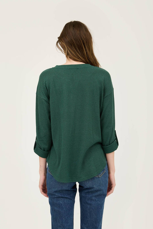 Hunter Green 3/4 Tab Sleeve Henley Top