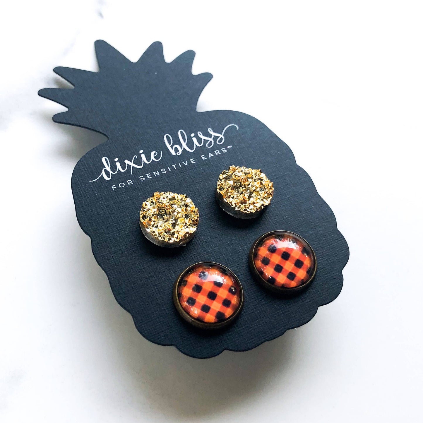 Sienna Gold Druzy & Burnt Orange Plaid Stud Earrings