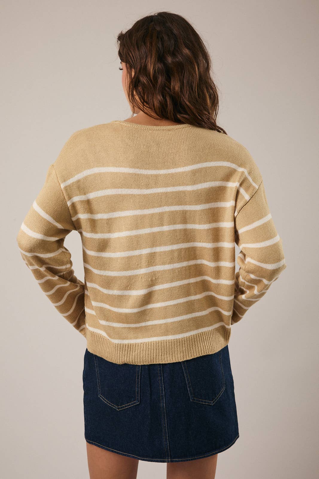 Tan & Cream Striped Round Neck Lightweight Sweater