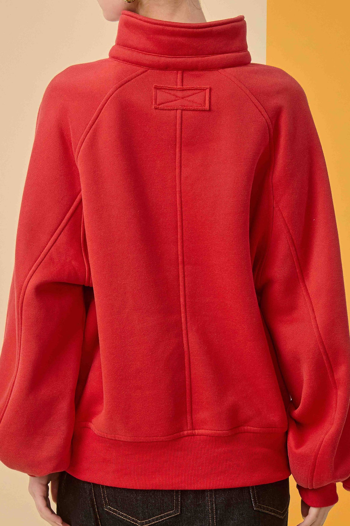 Fire Red Oversized Snap-Button Collared Mock Neck Sweatshirt
