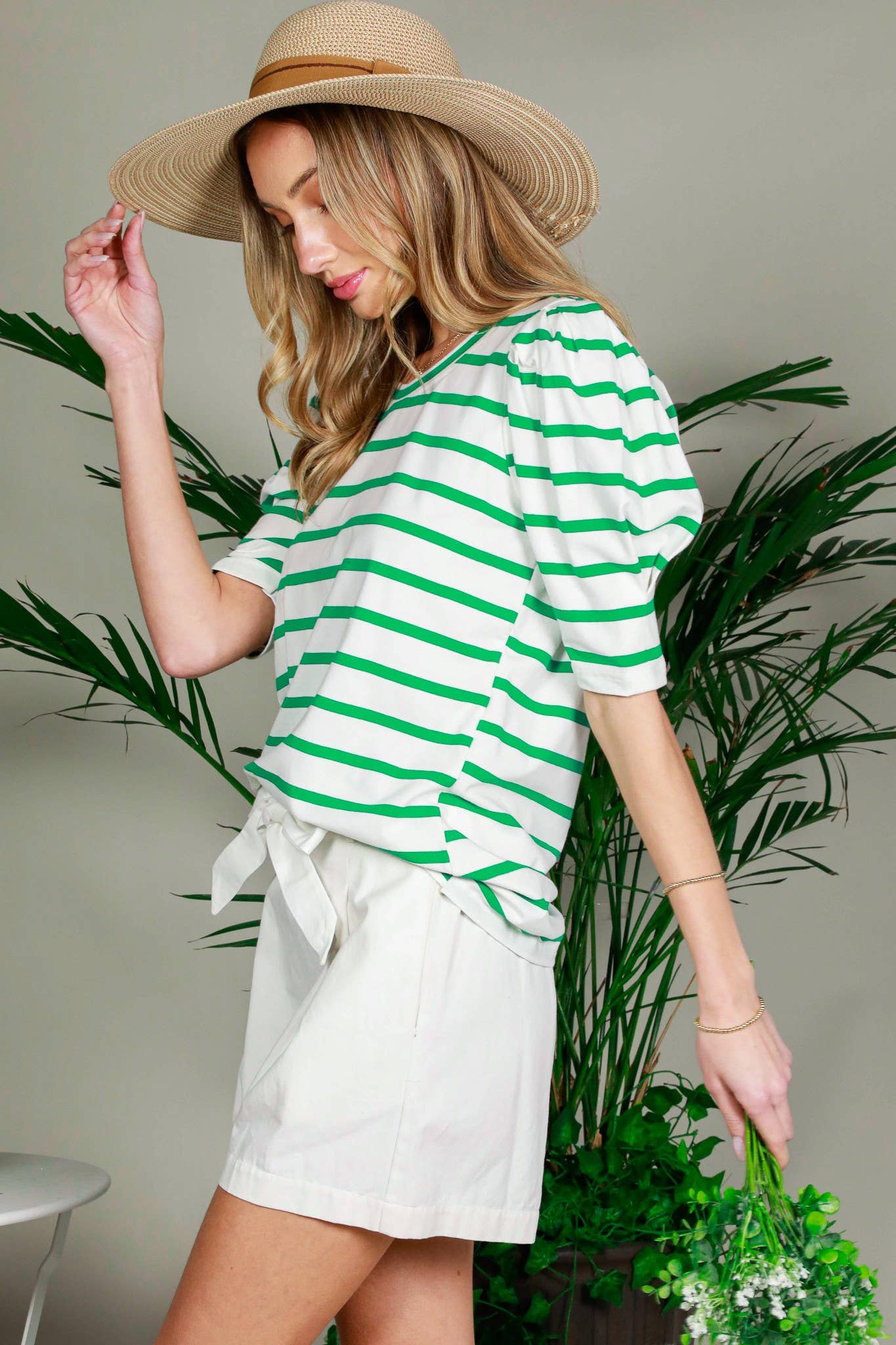 SALE Scoop Neck Short Puff Sleeve Striped Cotton Knit Top- Green & White