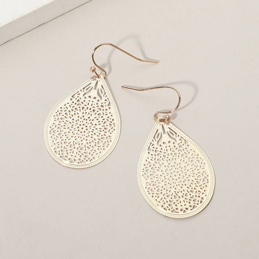 Matte Metal Filigree Teardrop Earrings: Yellow Gold