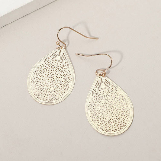 Matte Metal Filigree Teardrop Earrings: Yellow Gold