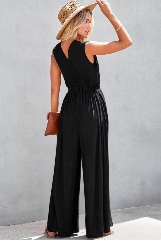 Wide Leg Backless Jumpsuit: Black