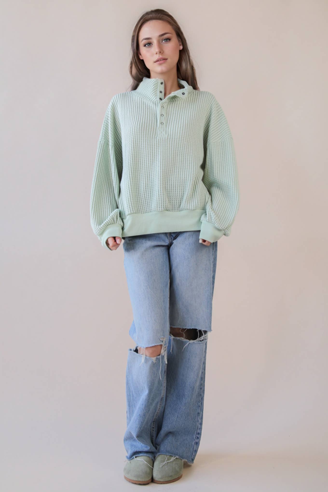 Sage Oversized Half Button Down Casual Waffle Knit