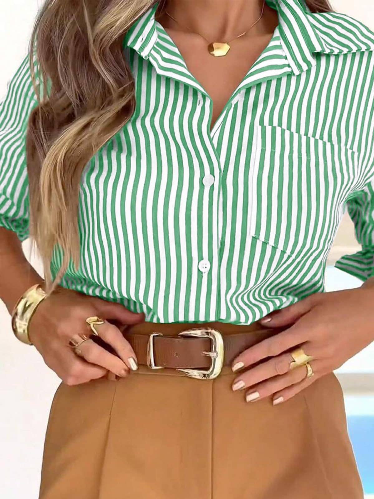 Striped Long Sleeve Shirt : Khaki / Missy / S