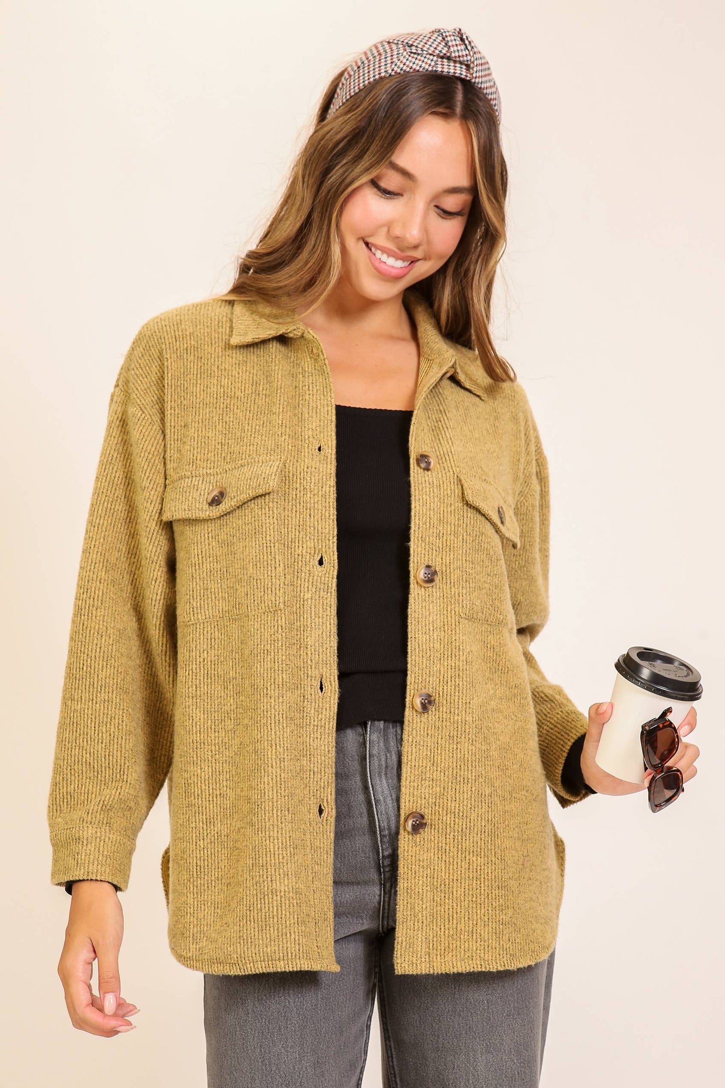 Brushed Waffle Button-Up Shacket: Brown / S