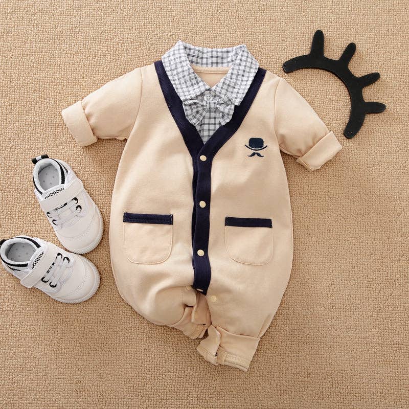 Khaki Plaid Lapel Bowtie Faux-two Baby Jumpsuit