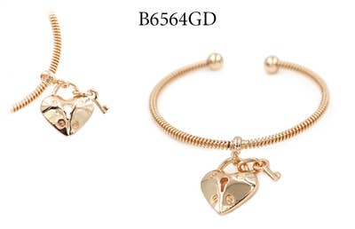 Gold Cuff Bracelet with Locket and Key Charms