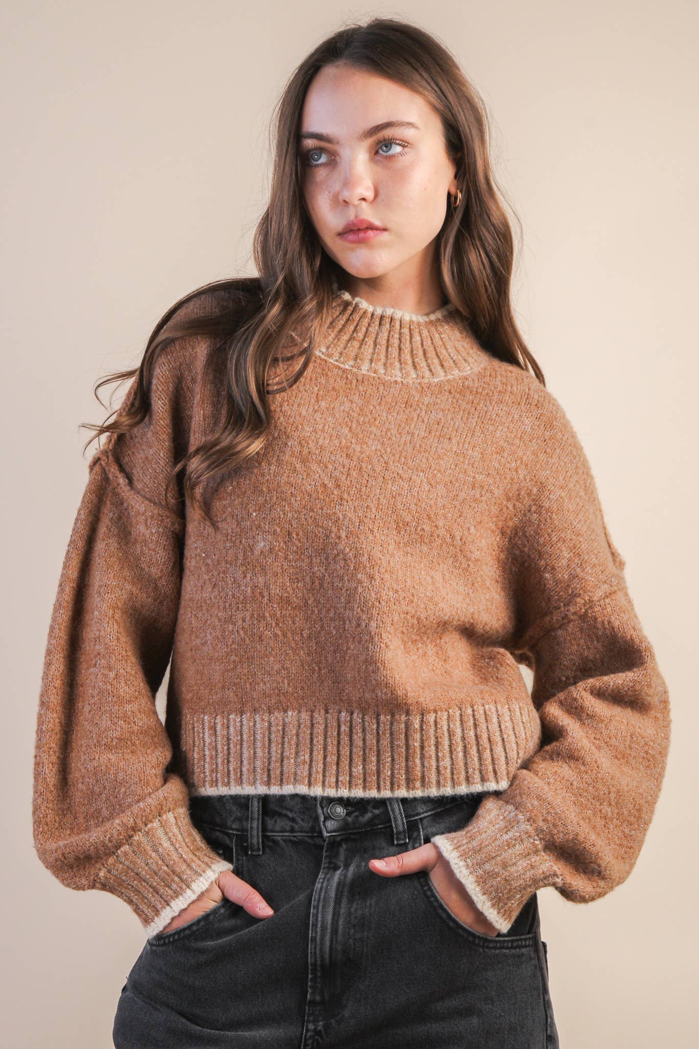 Mocha Oversized Casual Mock Neck Knit Sweater