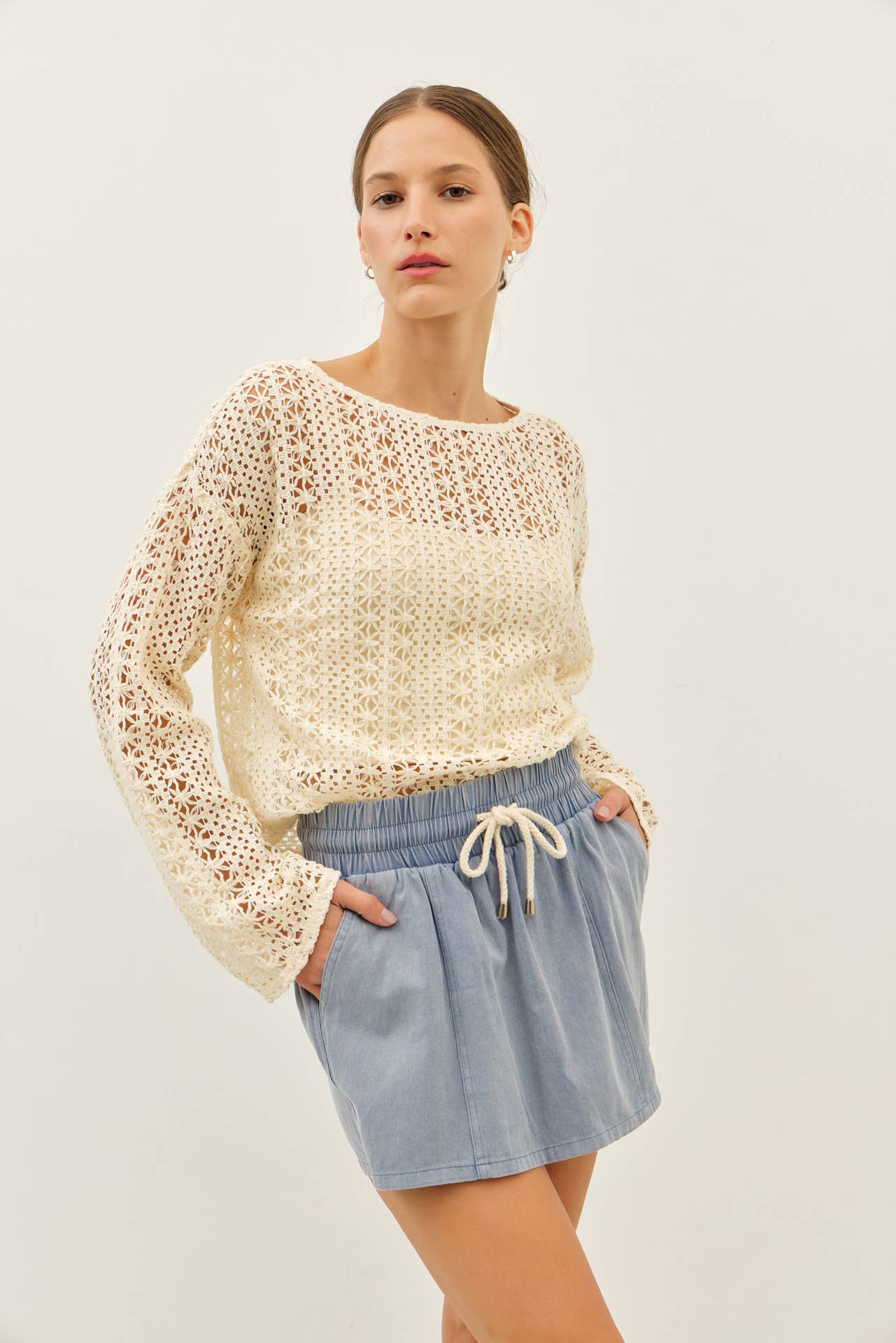 Cream Sheer Floral Crochet Top With Bell Sleeves