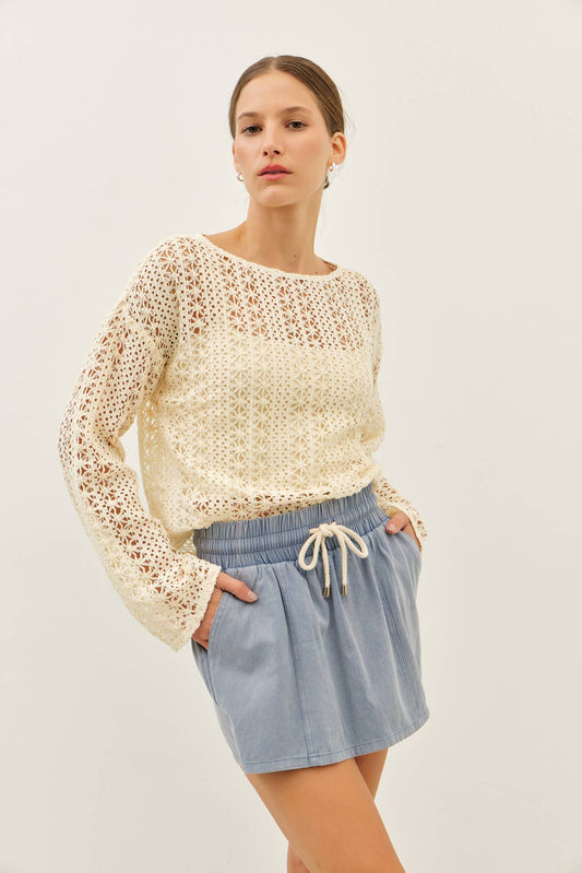 Cream Sheer Floral Crochet Top With Bell Sleeves