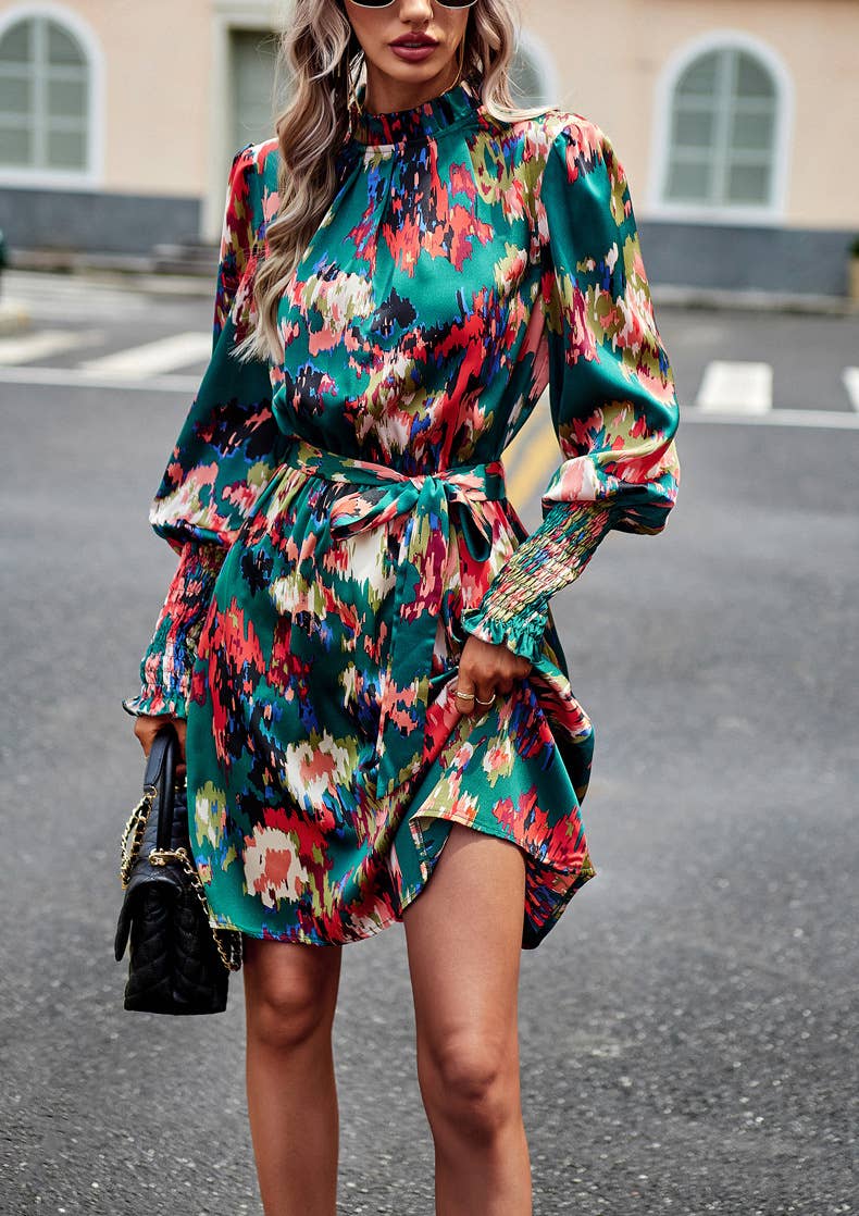 Green Floral Print Ruffle Dress