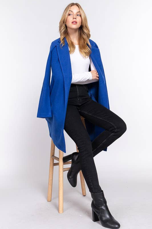 Royal Blue Notched Collar Open Front Long Coat