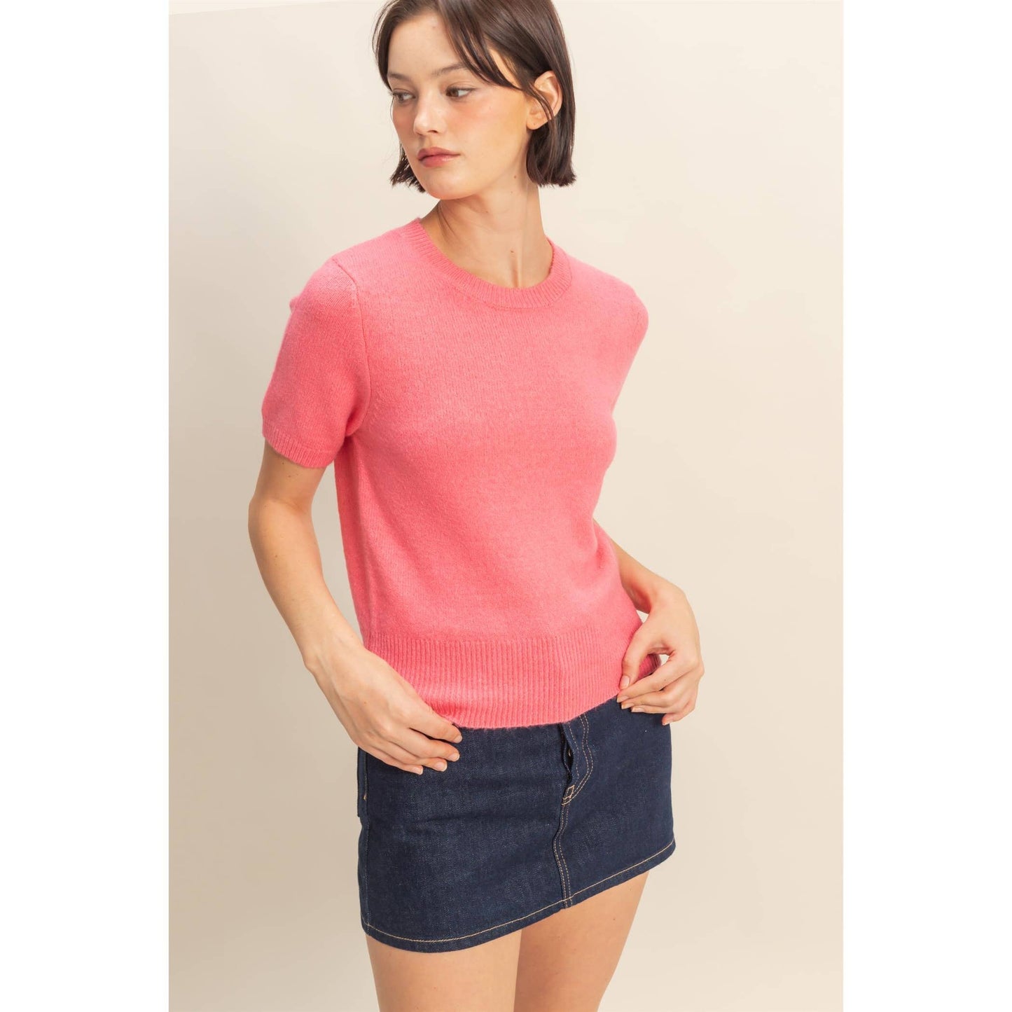 Taffy Pink Short Sleeve Sweater Top