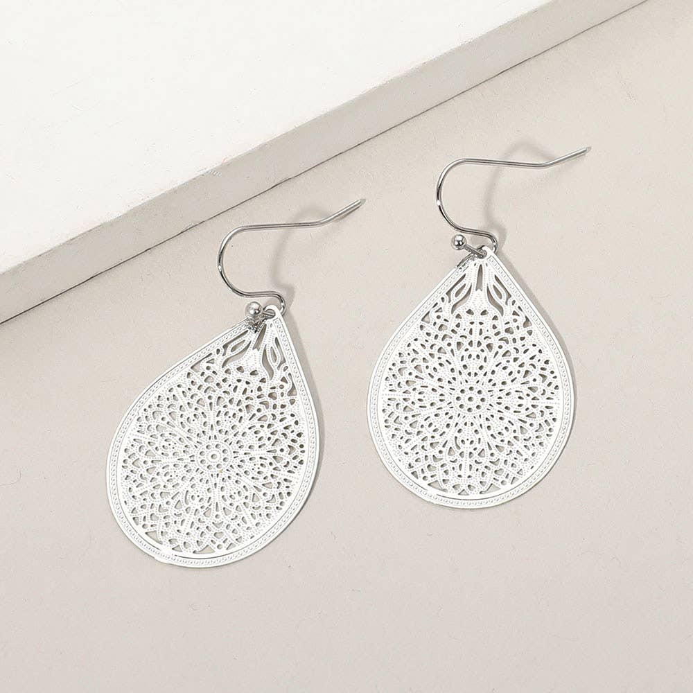 Matte Metal Filigree Teardrop Earrings: Yellow Gold