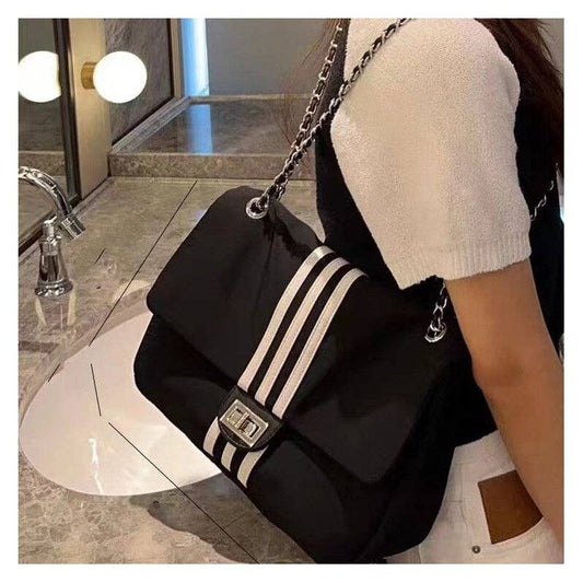 Black Striped Large Chain Tote Bag