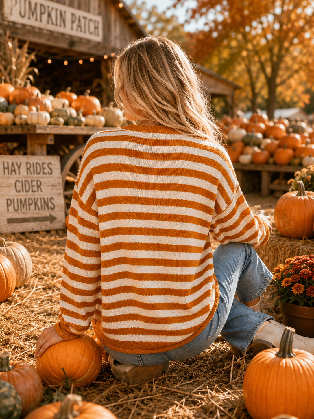 Pumpkin Script Striped Knit Sweater: ORANGE/WHITE / S-M-L (2-2-2)