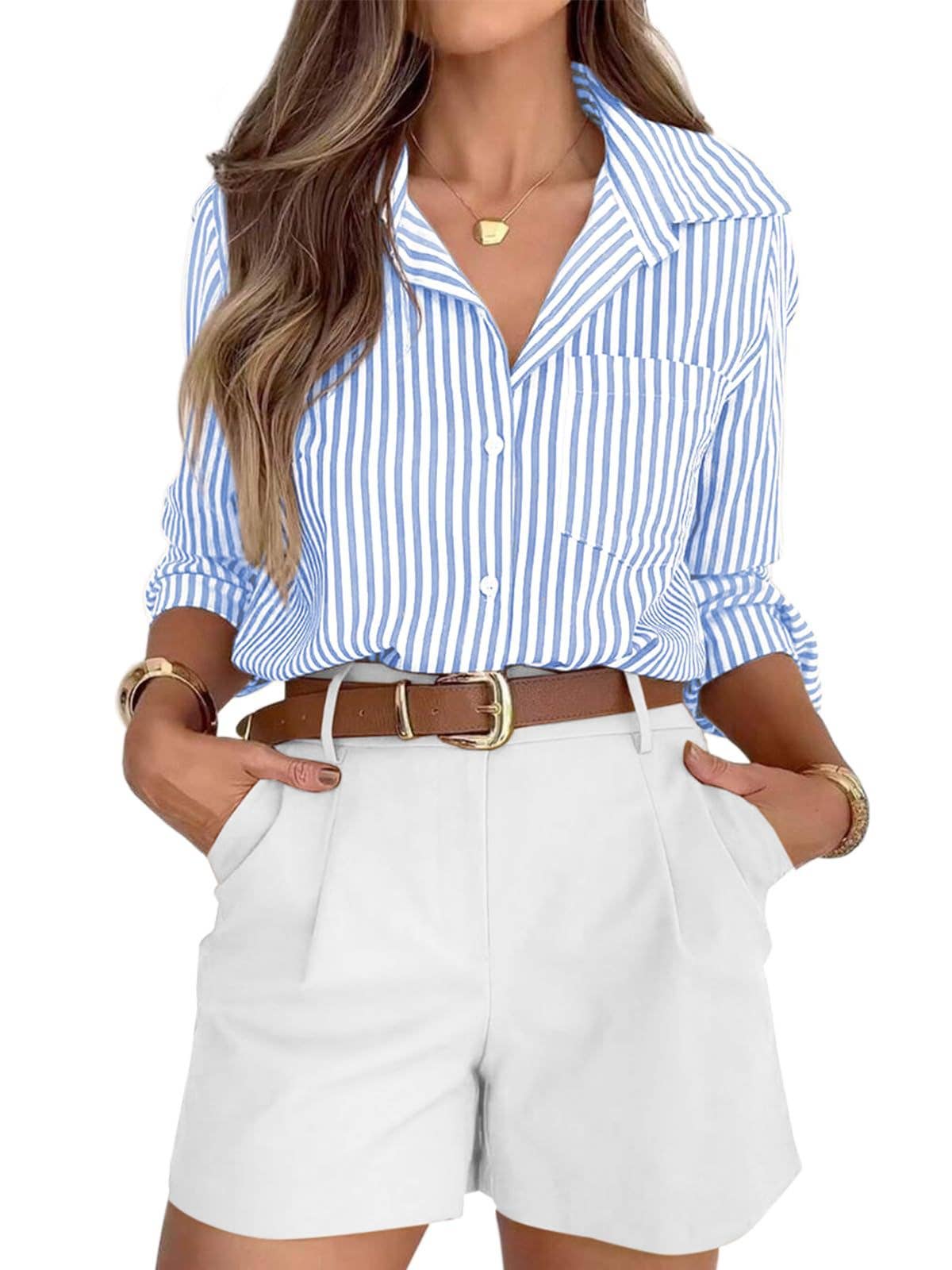 Striped Long Sleeve Shirt : Khaki / Missy / S