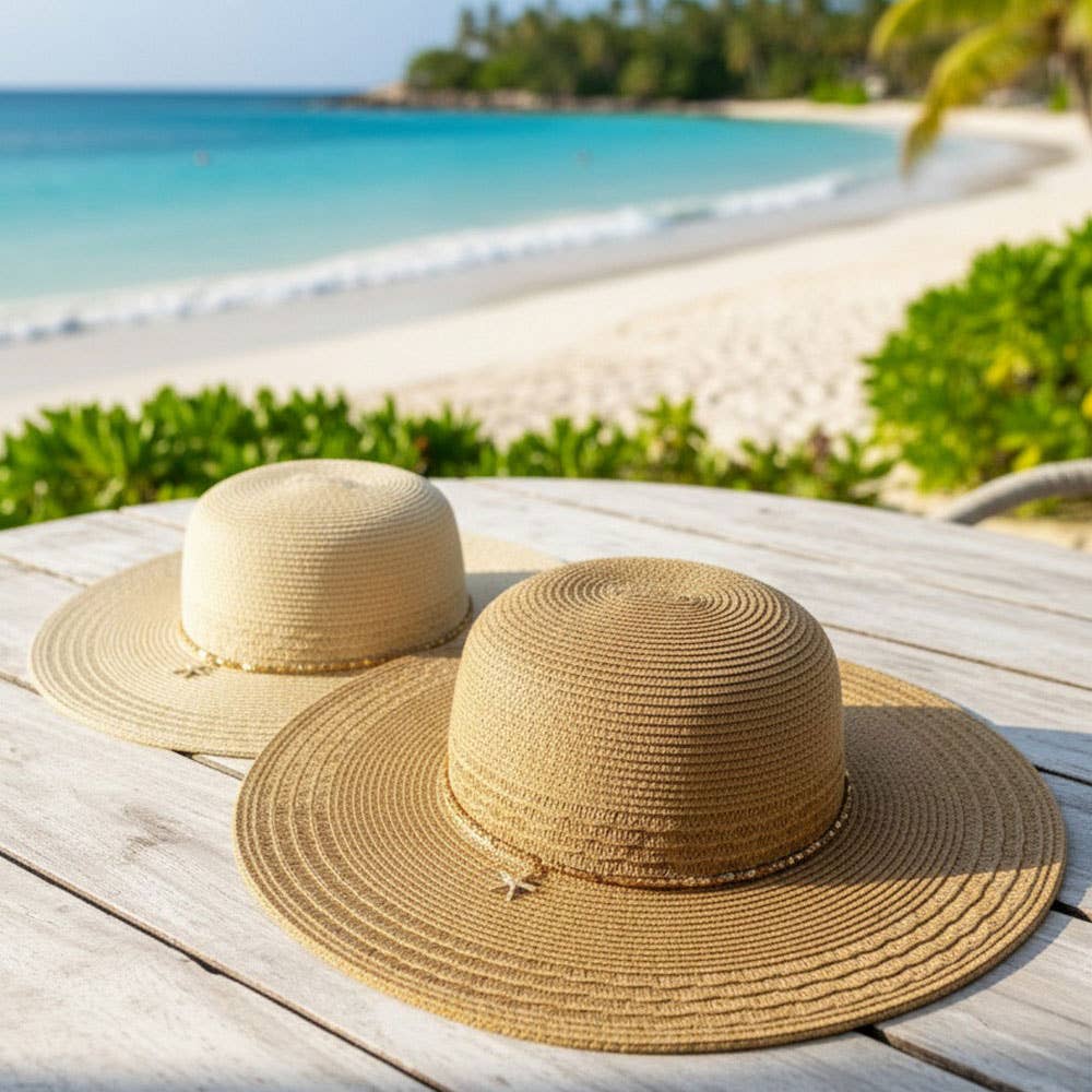 Starfish Charm Sequin band Wide Brim Straw Sun Hat: Tan