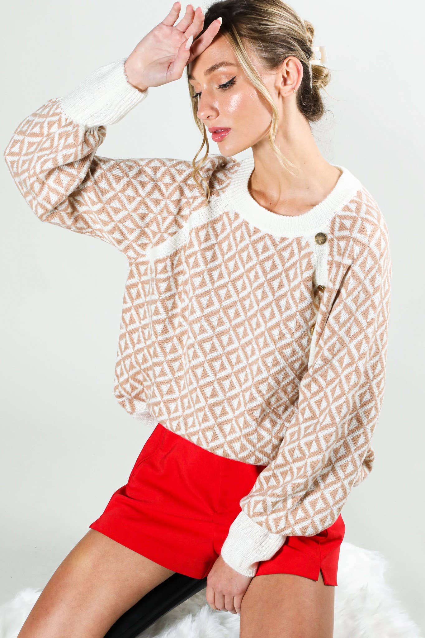 Taupe Geo Patterned Button Detailed Sweater