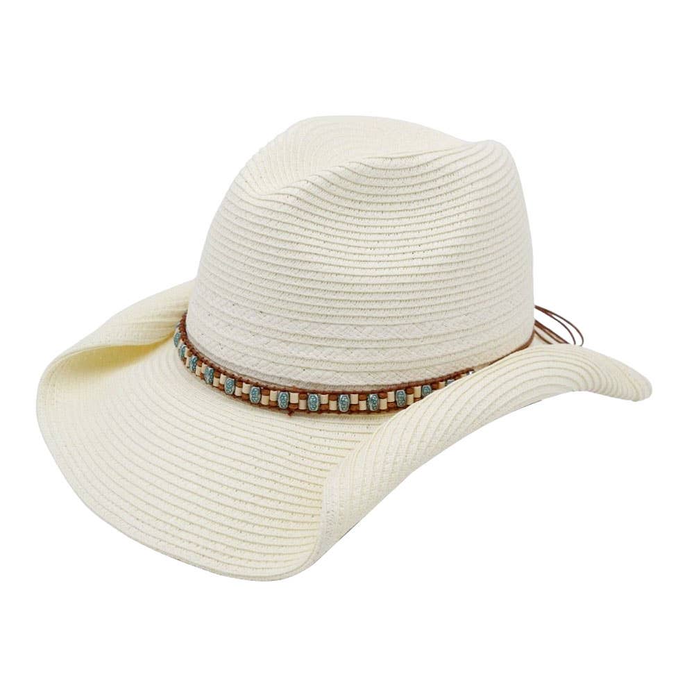 Multicolor Beaded Band Summer Straw Cowboy Hat: Ivory
