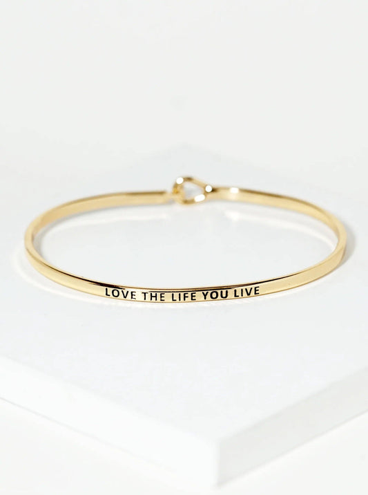 "Love The Life You Live" Engraved Gold Inspirational Bangle Bracelet