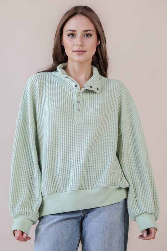 Sage Oversized Half Button Down Casual Waffle Knit