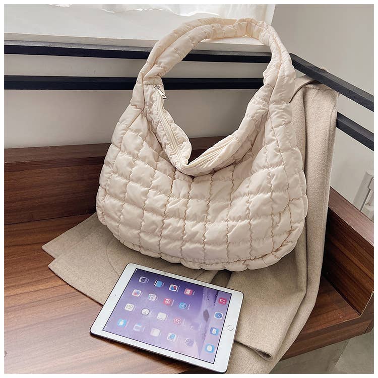 Quilted Zipper Large Shoulder Bag: Light French Beige