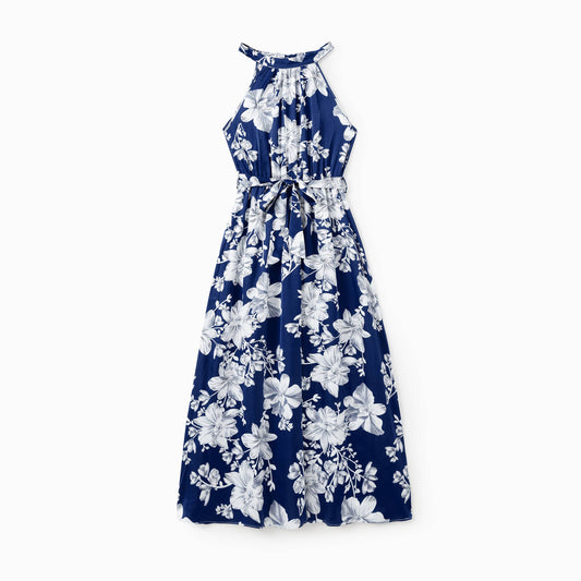 Blue Floral Satin Midi Dress