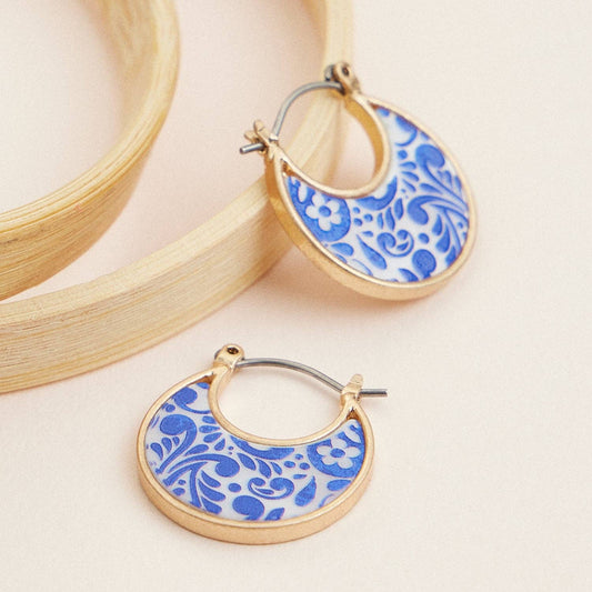 Boho-Chic Gold and Blue Mother of Pearl Floral Huggies