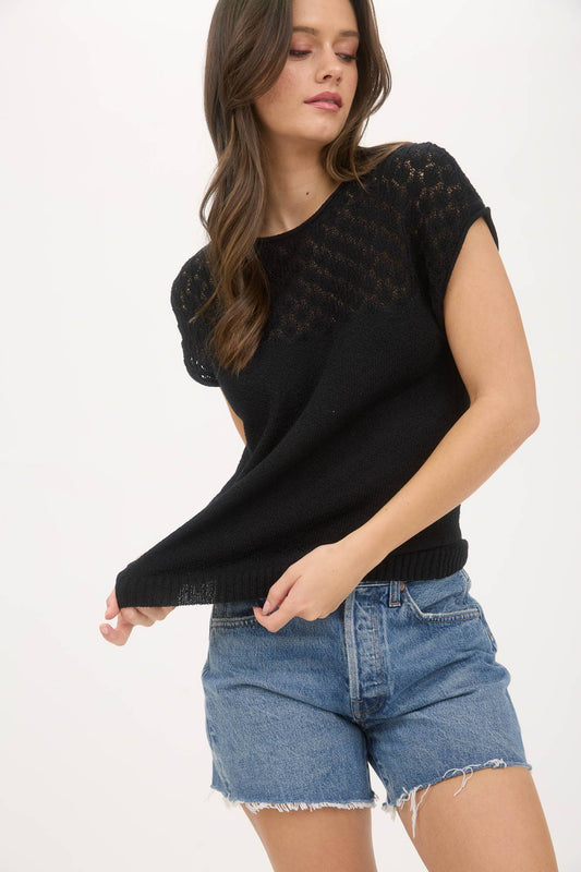 Black Eyelet Yoke Short Sleeve Sweater