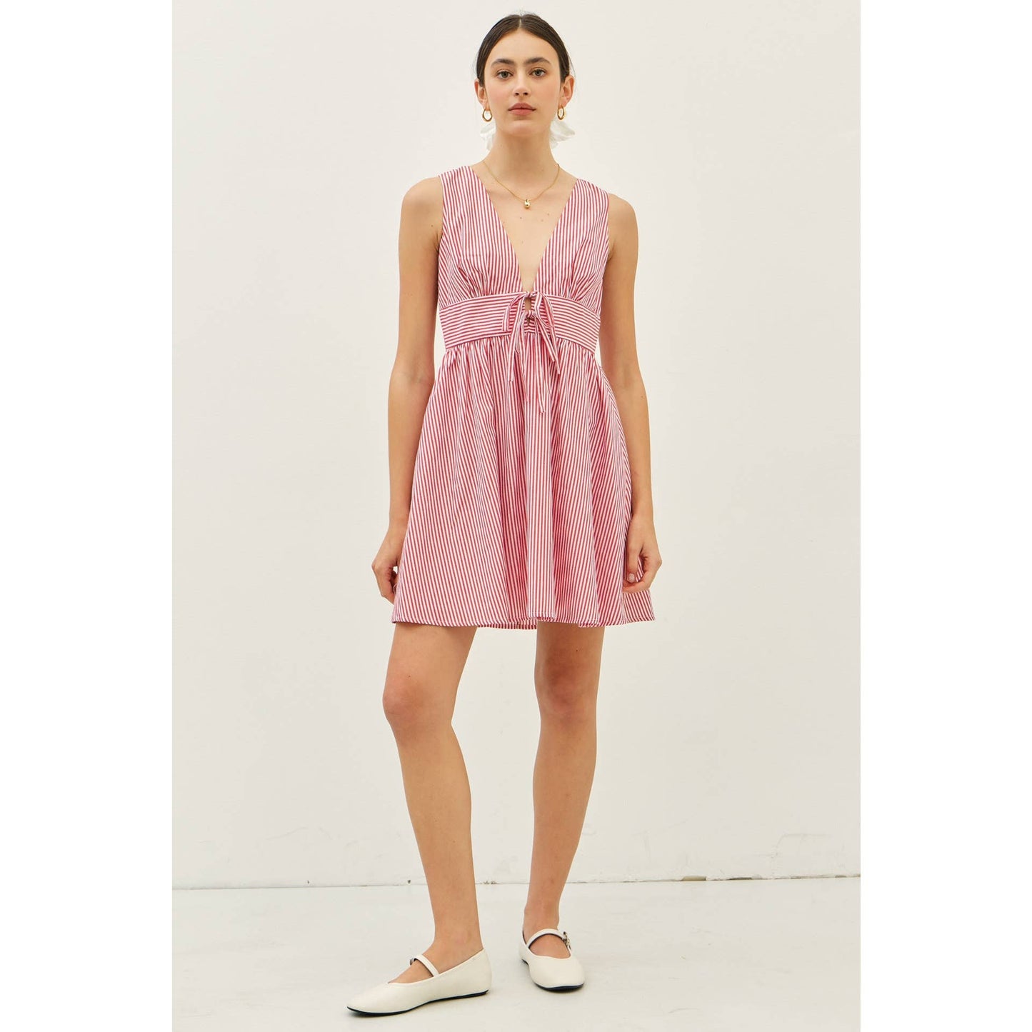 Red & White Summer Plunge Neck Stripe Mini Dress