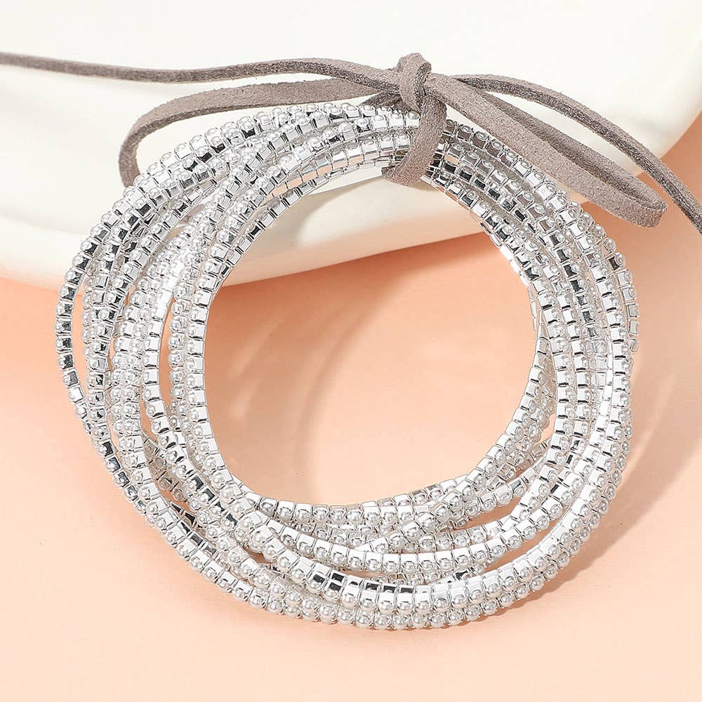 SIlver Ribbon Pearl Rhinestone Layered Stretch Bracelet Set (12)