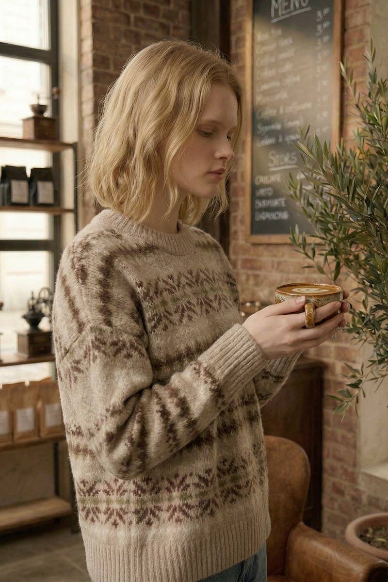 Taupe/Brown Cozy Jacquard  Sweater