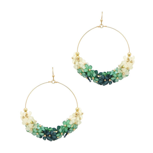 Green Ombre Flowers on Gold Hoop 2" Earring