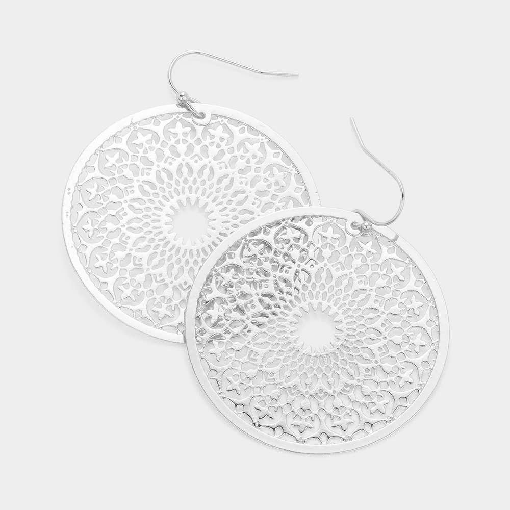 Filigree Brass Metal Round Dangle Earrings: Rhodium