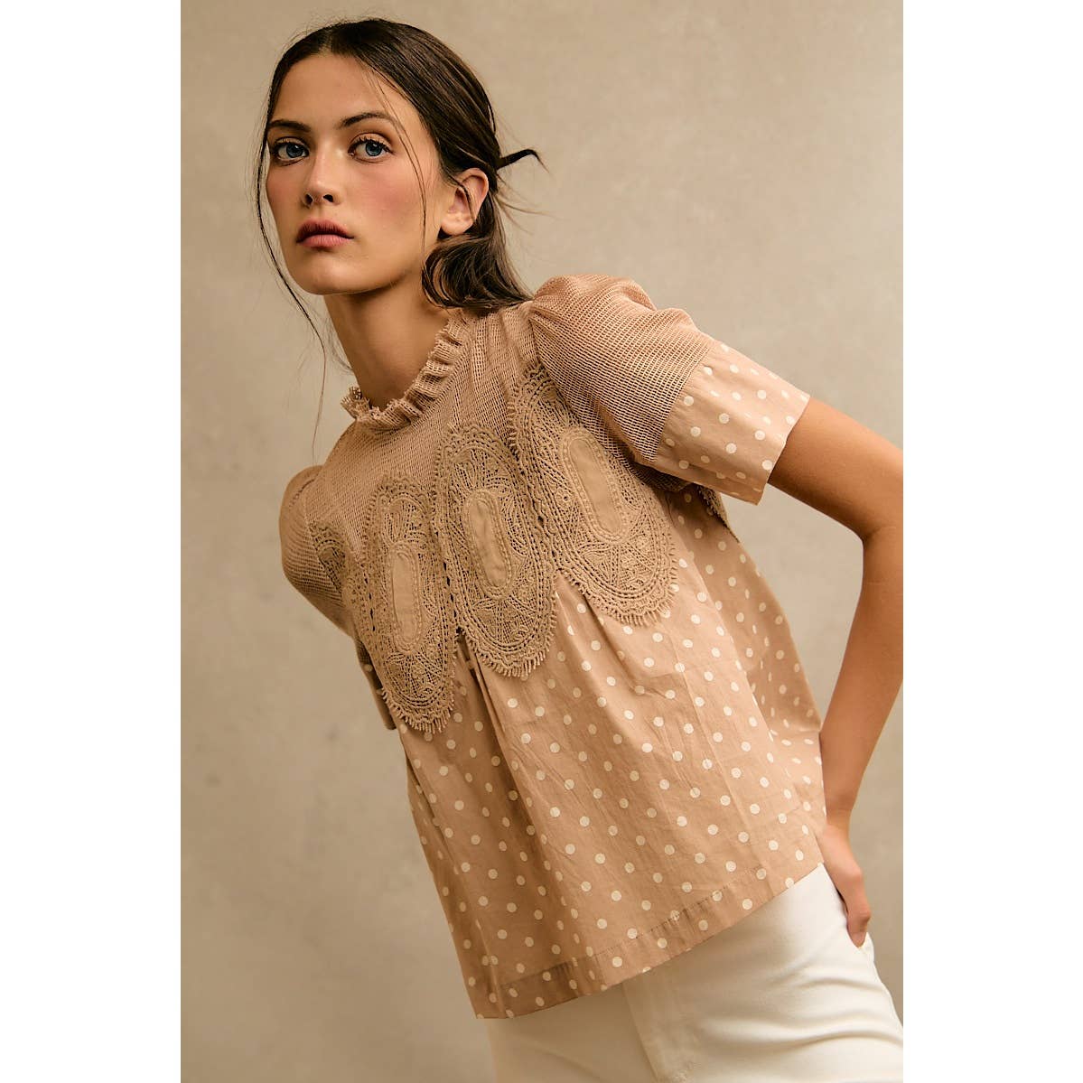 Beige Polka Dot Lace Trim Cotton Blouse