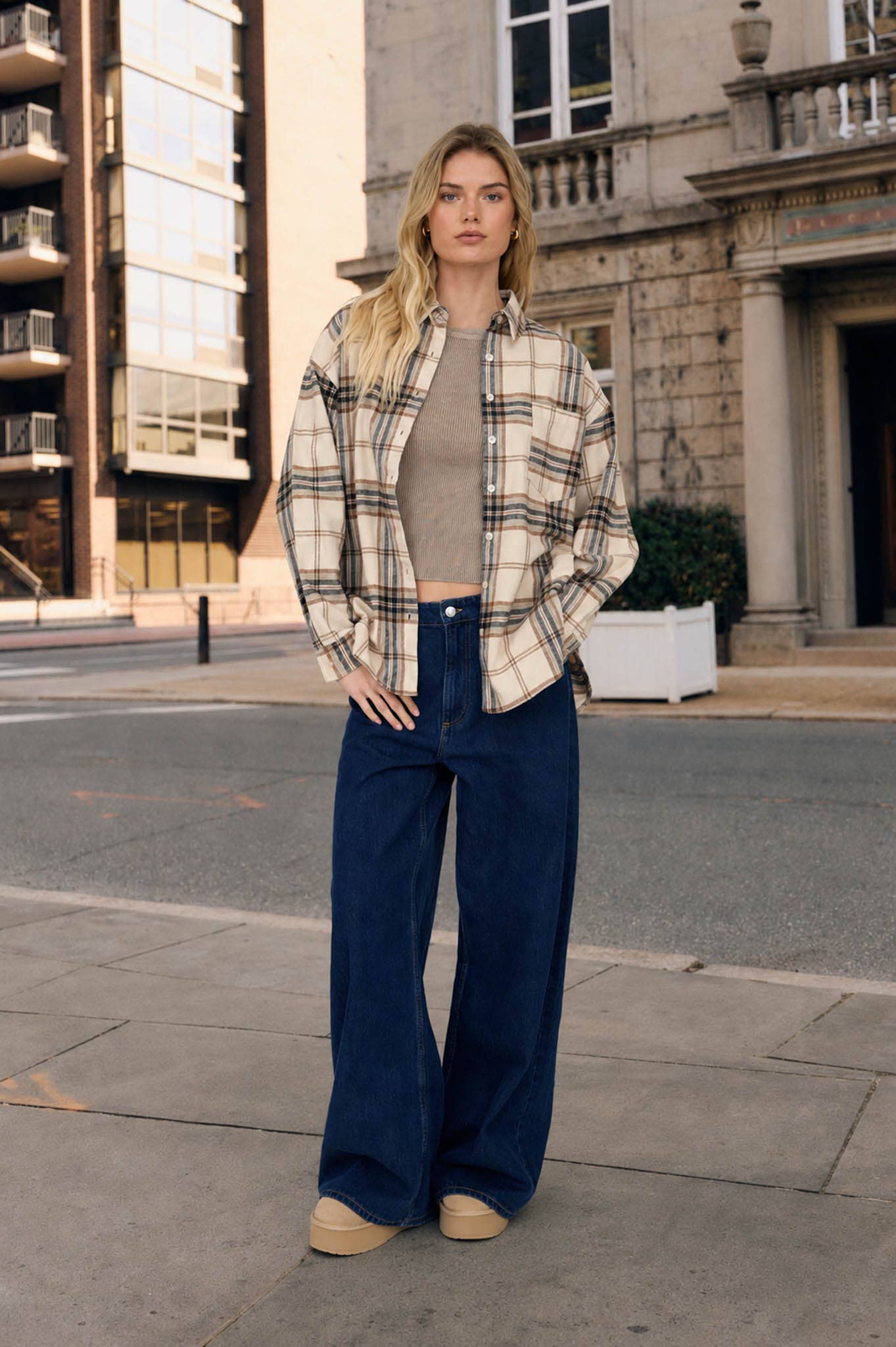 Khaki Plaid Boxy Button Down Oversized Flannel Top