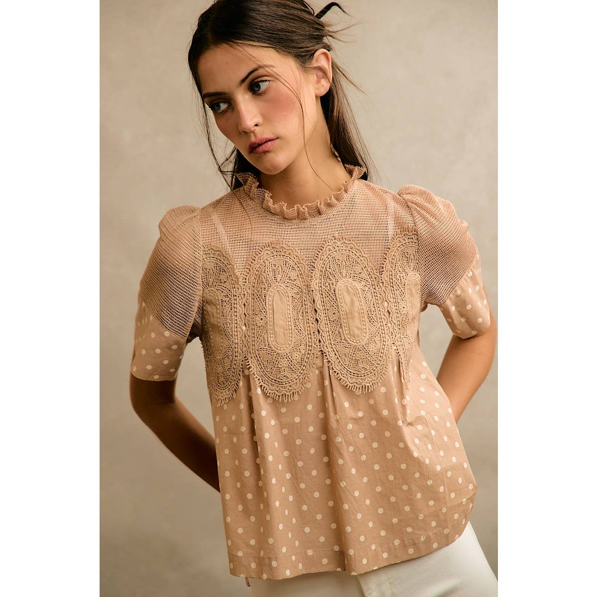 Beige Polka Dot Lace Trim Cotton Blouse