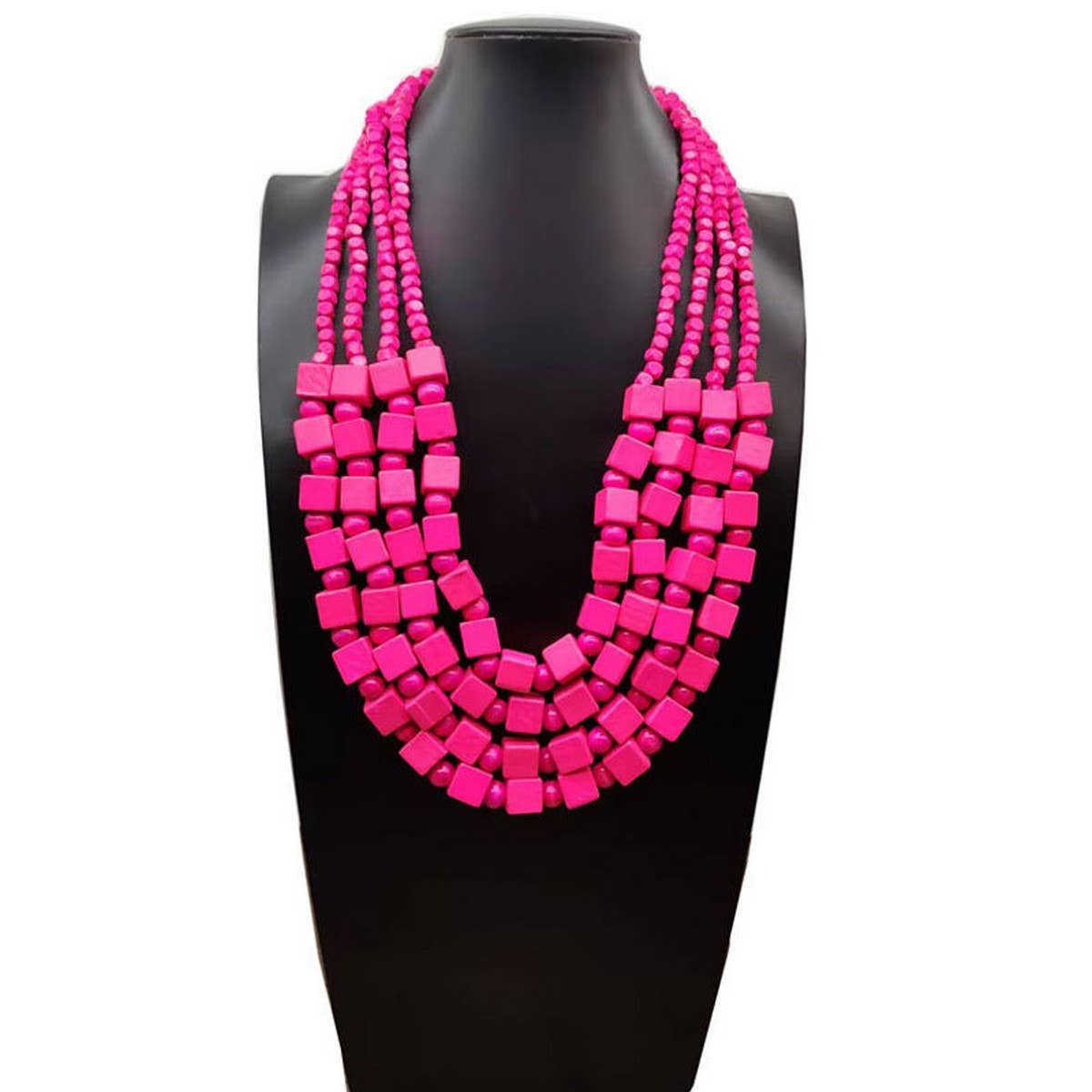 HANDMADE WOODEN SQUARE BEADS MULTI-LAYER NECKLACE_CWMM4850: ROSE / (OS) 1