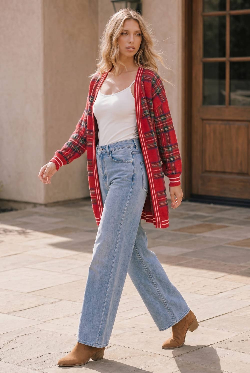 Red Plaid Open Front Knit Cardigan: RED / S