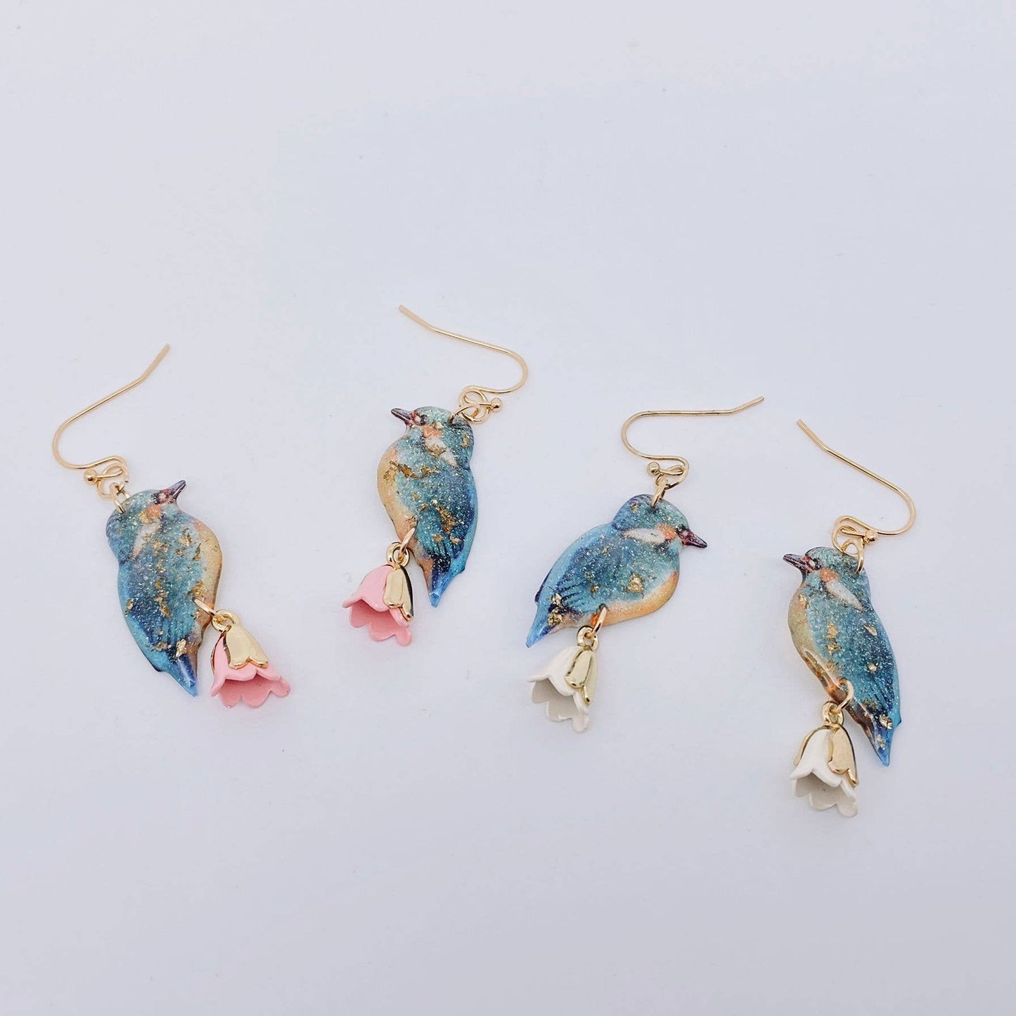 Resin Bird Charm Dangle Earrings: White
