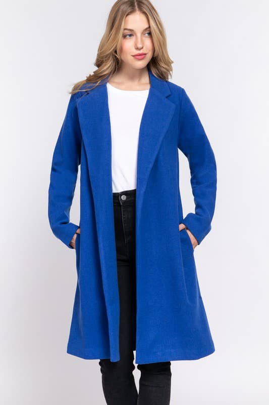 Royal Blue Notched Collar Open Front Long Coat