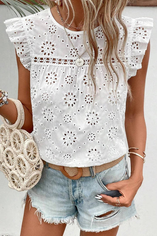 SALE White Eyelet Embroidered Ruffled Flutter Sleeve Blouse