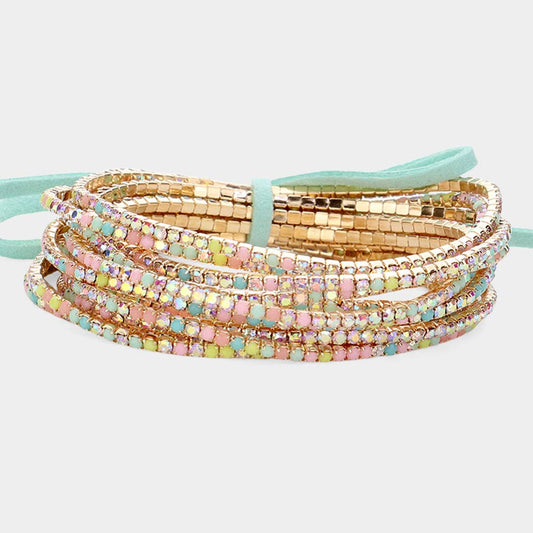 Greens 12 Piece Rhinestone Layered Stretch Bracelet Set