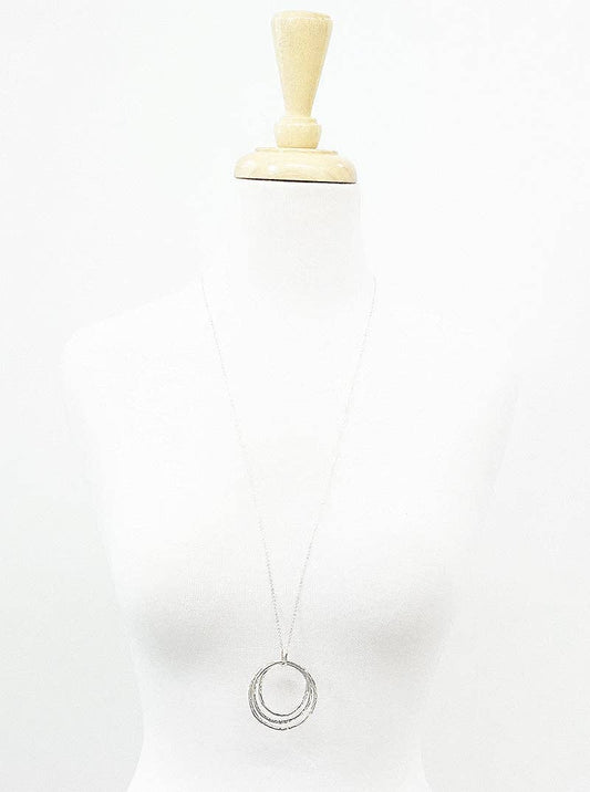 Hammered Metal Tri Circles Pendant Long Necklace: RHODIUM