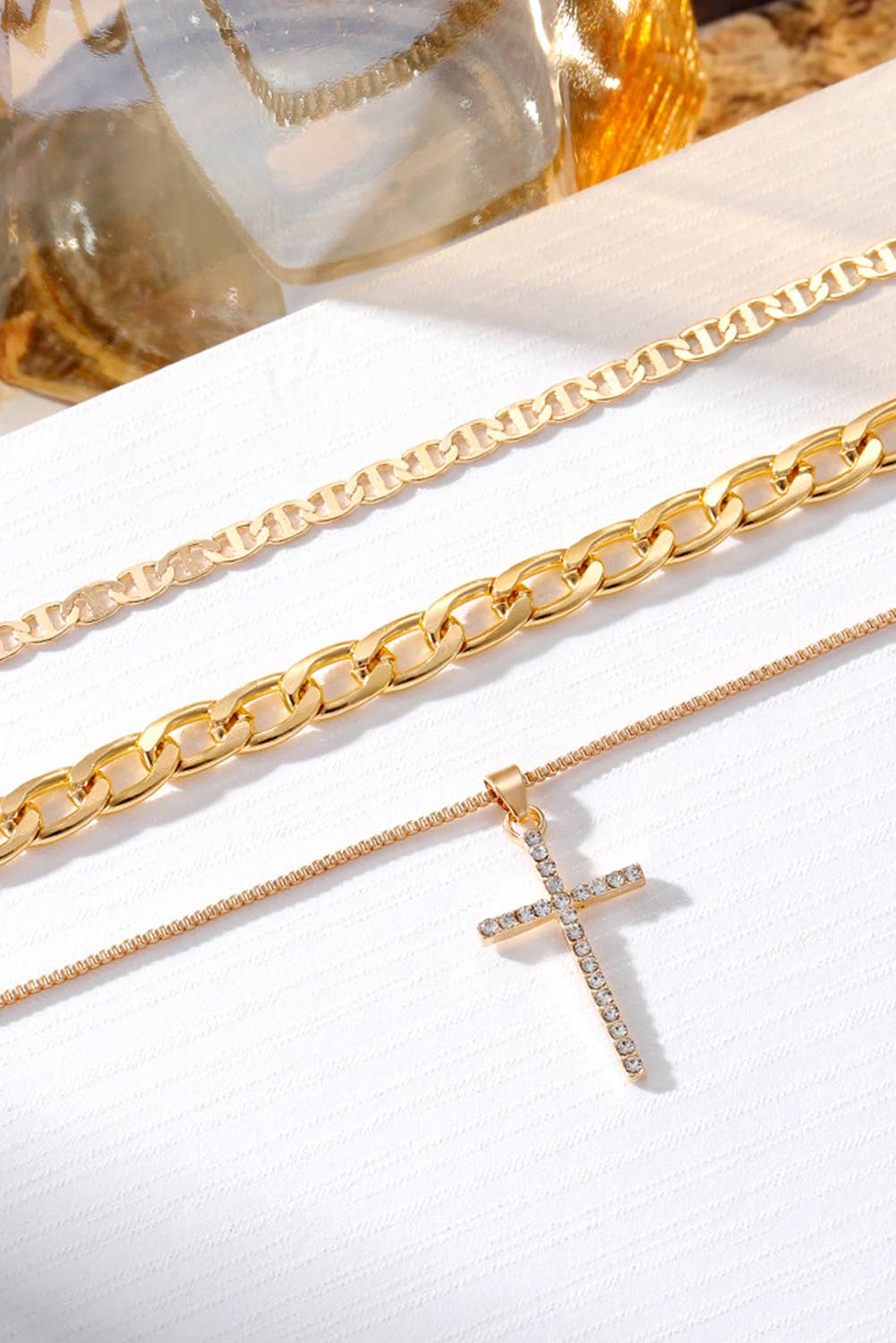 Gold LDC Plated Cross Pendant Multi Layer Stacked Chains Necklace