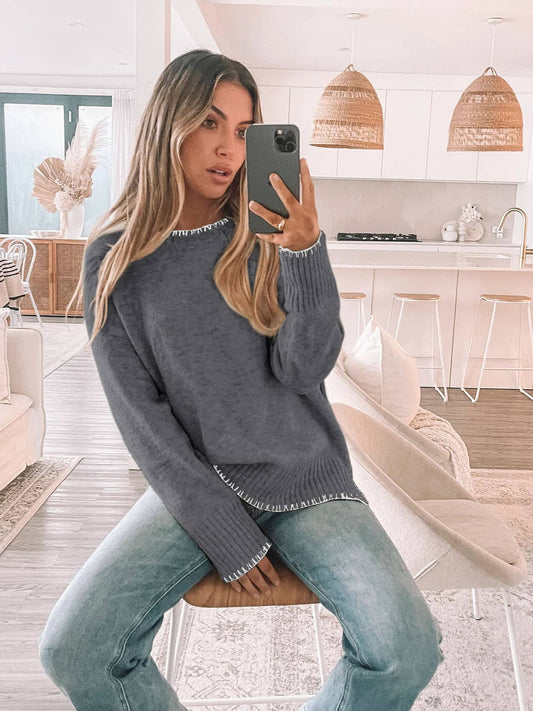 Gray Crew Neck Sweater with Pullover Trim